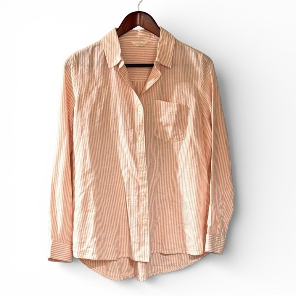 Peach Striped Linen Blend Button Down Shirt Coastal Grandmother Long Sleeve S